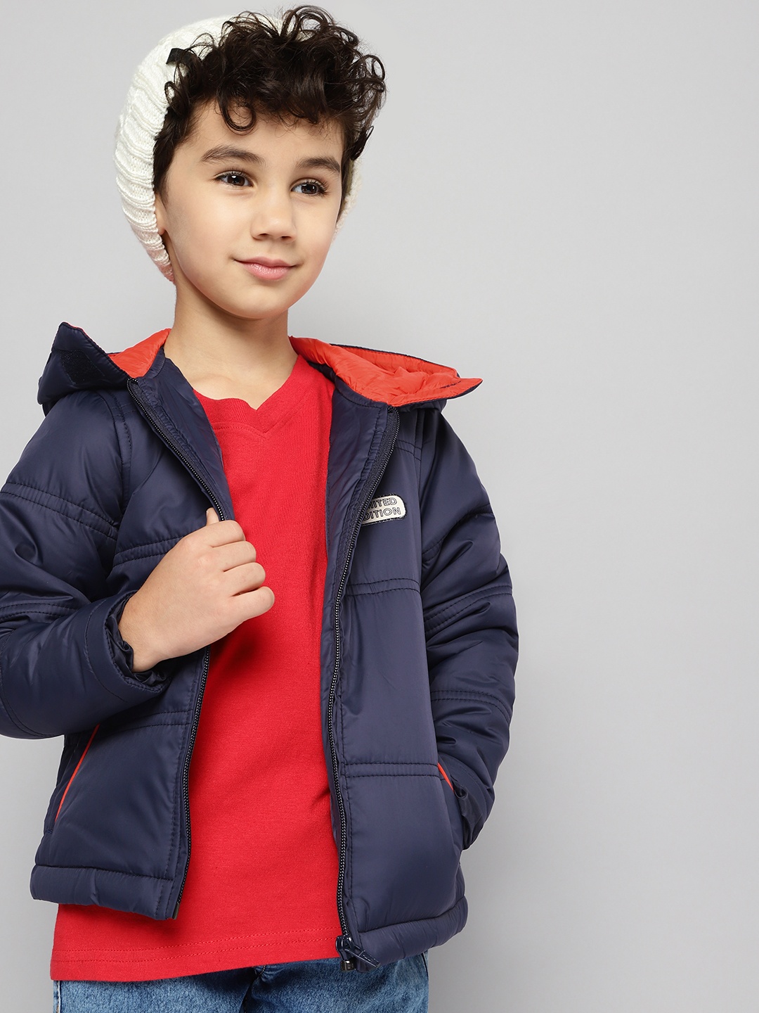 

YK Boys Navy Blue Solid Hooded Puffer Jacket