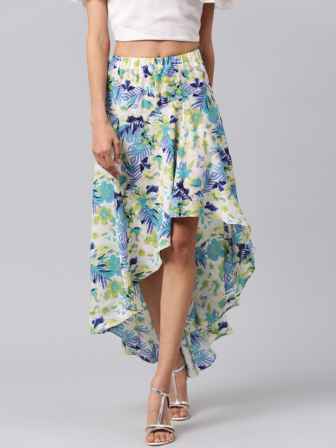 

Athena White & Blue Floral Printed Knee-Length Skirt