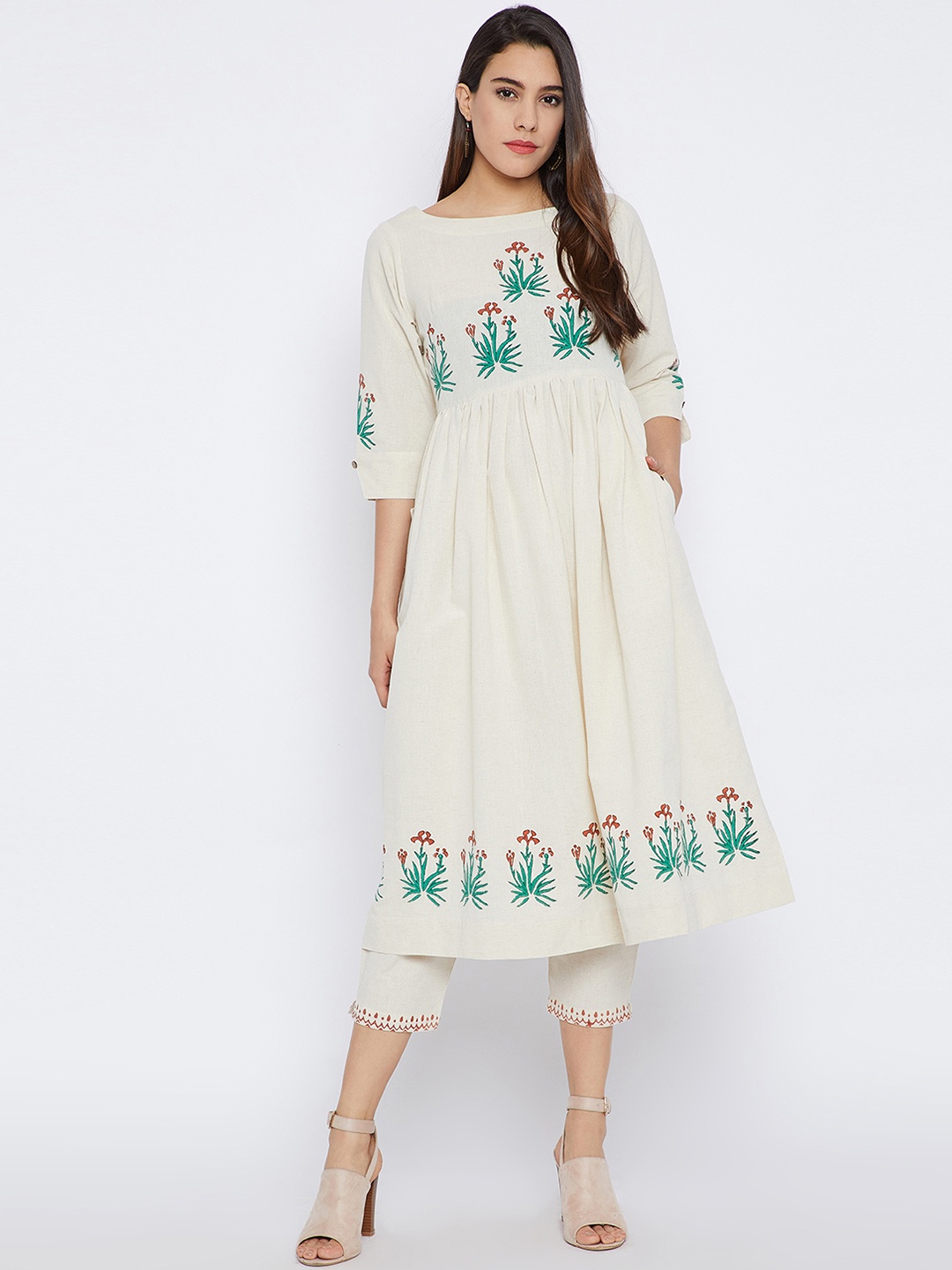 

Bitterlime Women Off-White Block Print Kurta with Trousers