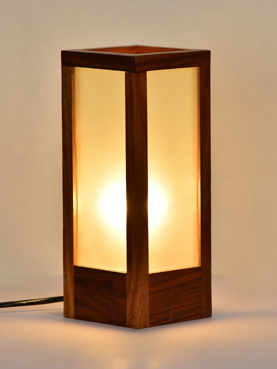 

ExclusiveLane Brown 10 Inch Modern Frosted Glass Sheesham Wooden Column Table Lamp