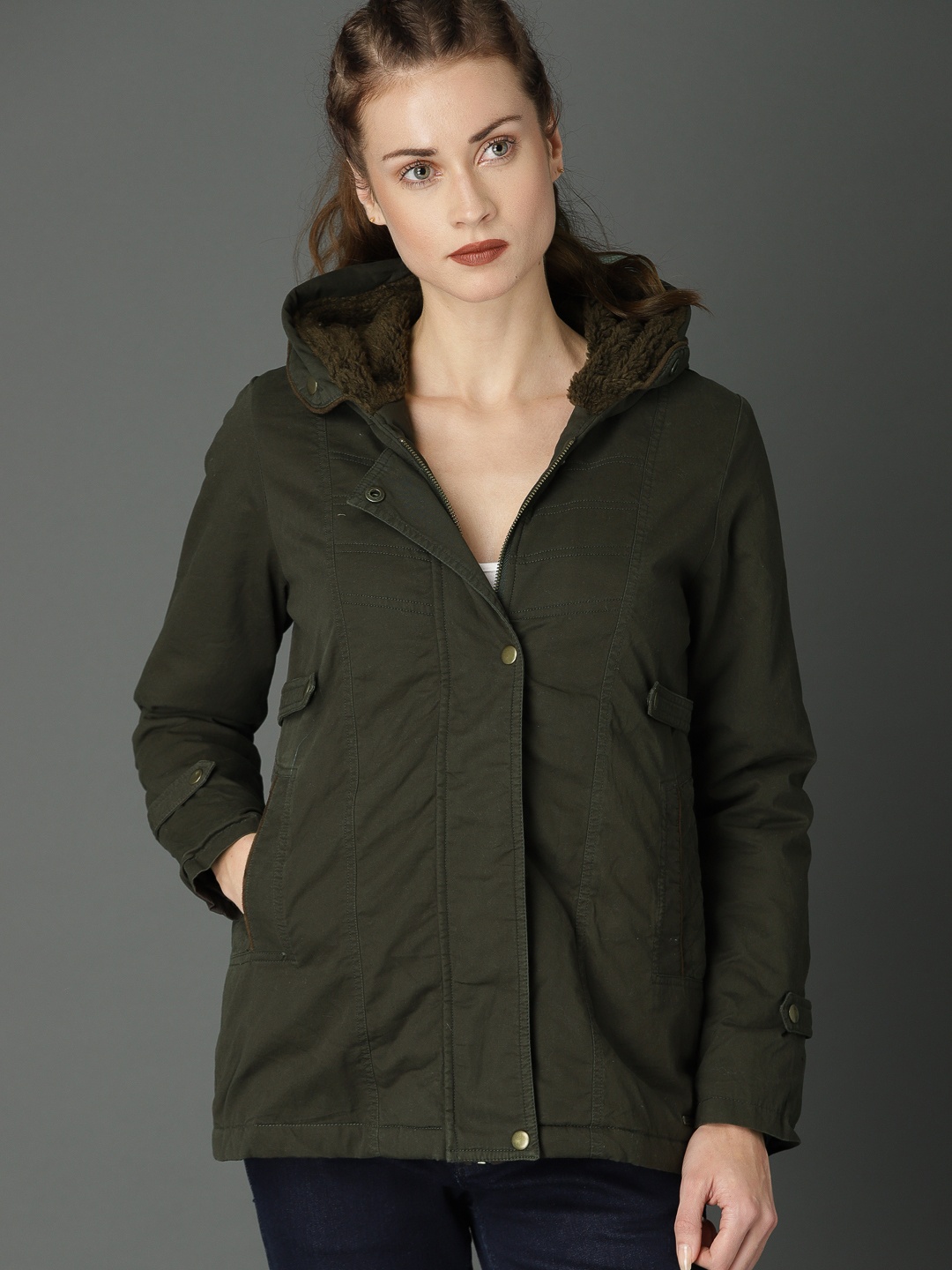 

Roadster Women Olive Green Solid Parka Jacket