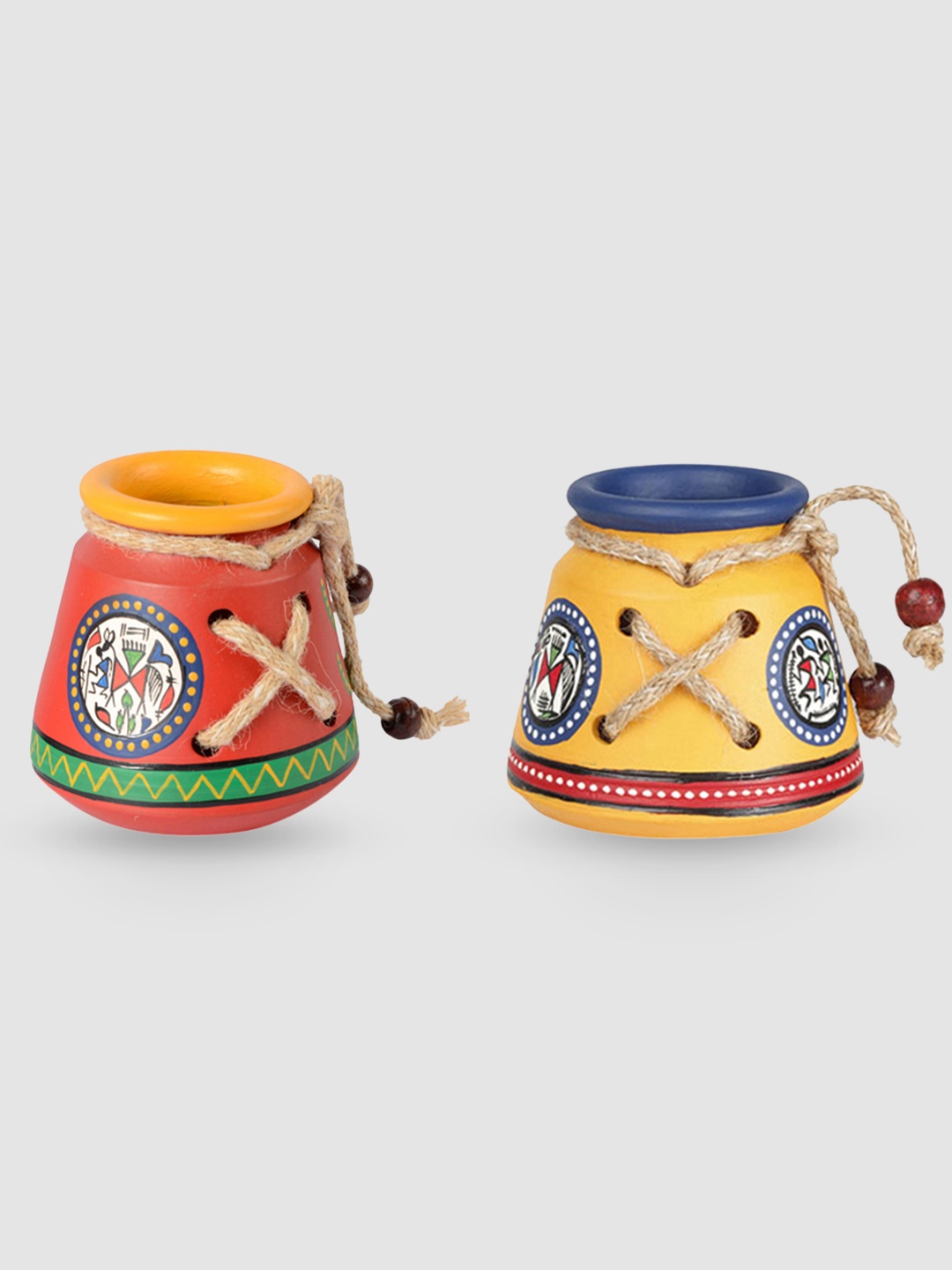 

ExclusiveLane Set of 2 Yellow & Orange Warli Hand-Painted Pen Stands