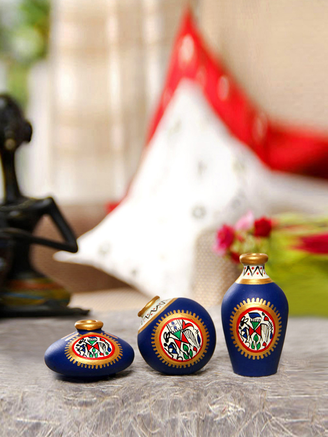 

ExclusiveLane Set Of 3 Blue Terracotta Warli Handpainted Miniature Pot Showpieces