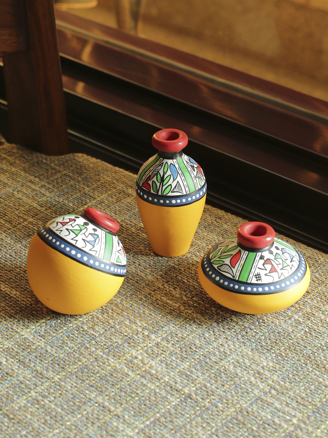 

ExclusiveLane Set of 3 Terracotta Warli Handpainted Pot Showpieces, Yellow