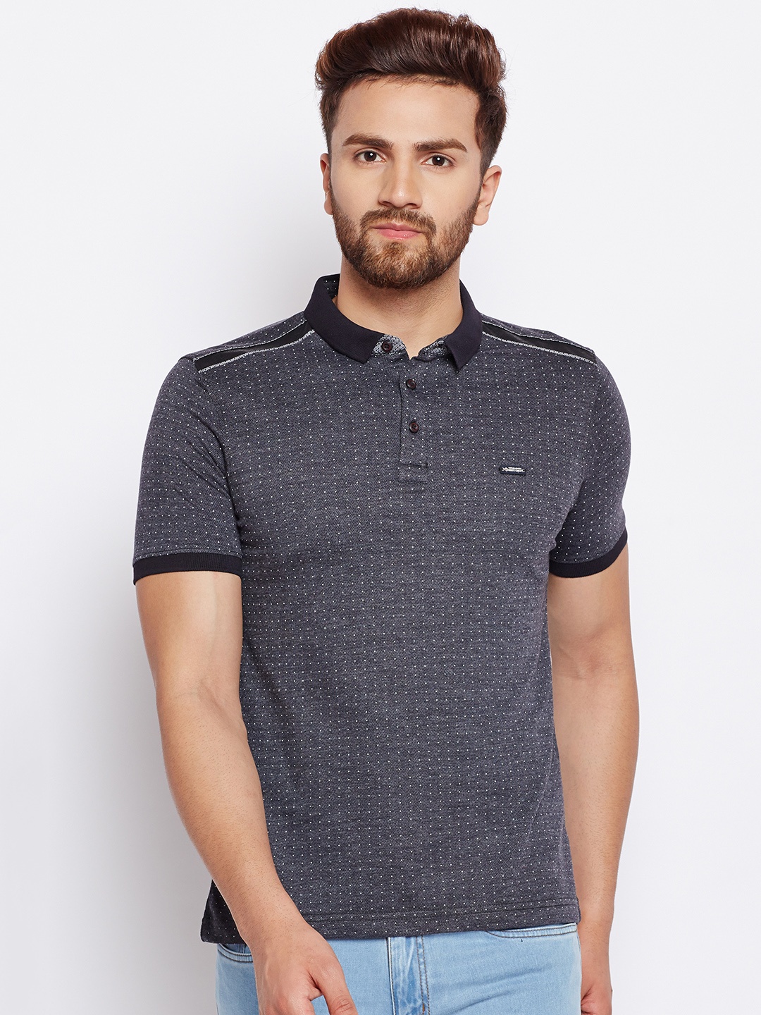 

Monte Carlo Men Charcoal Grey Printed Polo Collar T-shirt