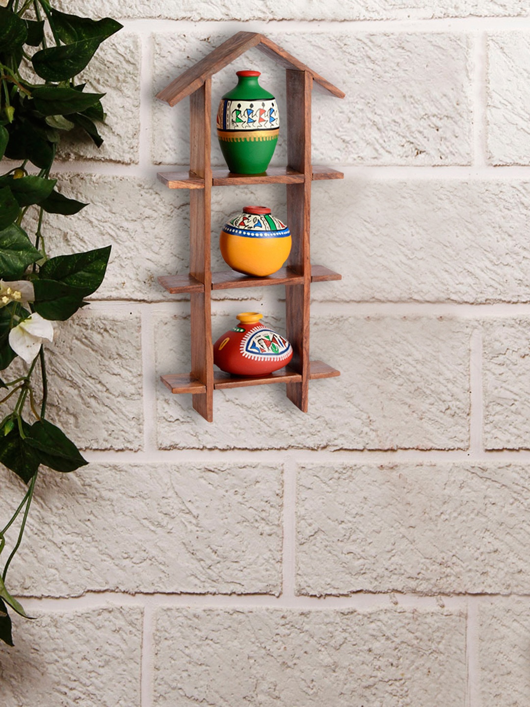 

ExclusiveLane 3-Piece Terracotta Warli Handpainted Pots With Wooden Hanging Wall Shelf, Brown