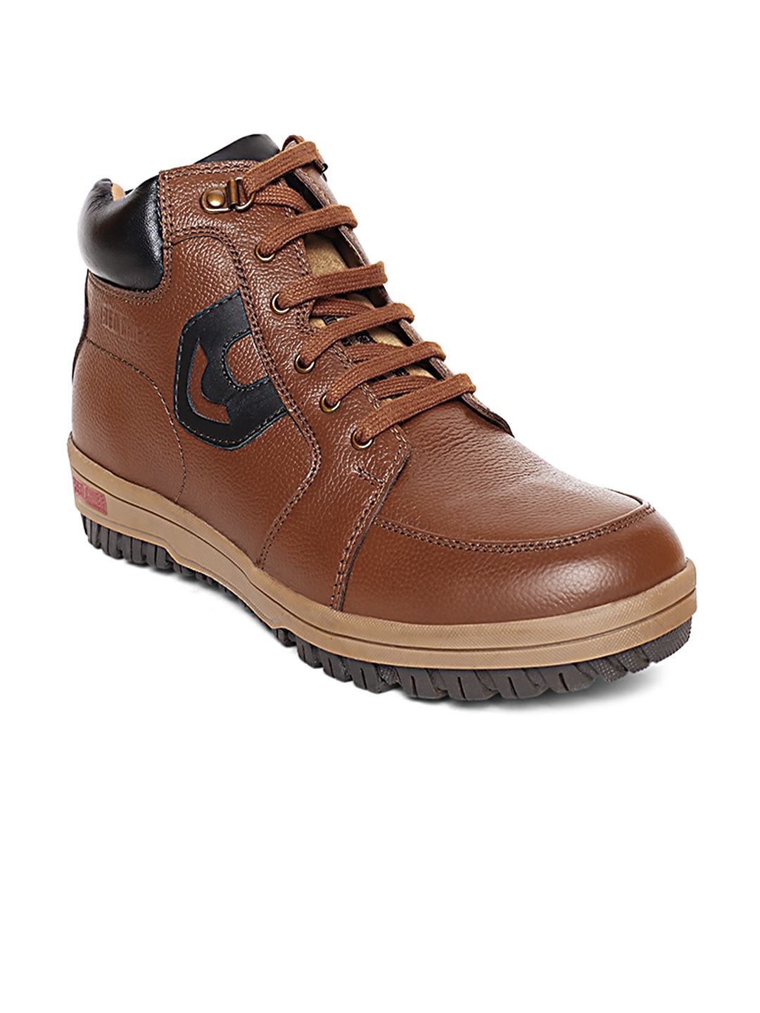 Red Chief Men Brown Solid Leather Mid-Top Flat Boots