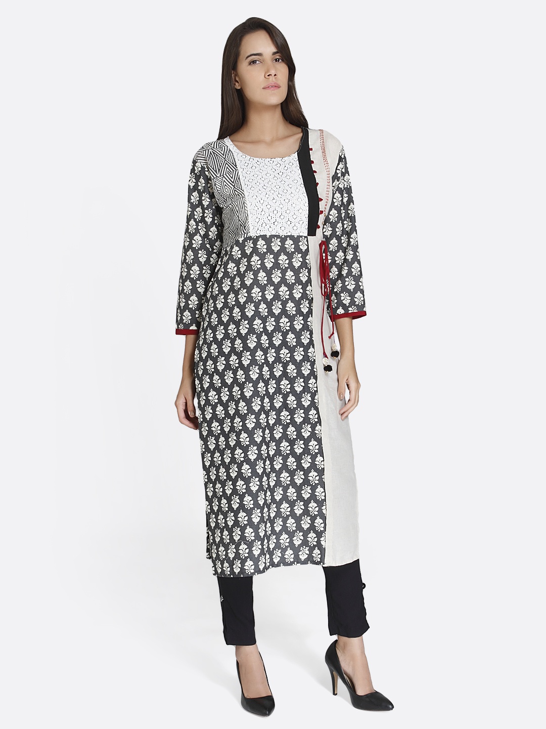 

shiloh Women White & Black Printed Straight Kurta