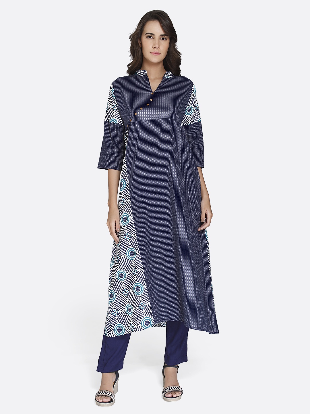 

shiloh Women Navy Blue Printed A-Line Kurta