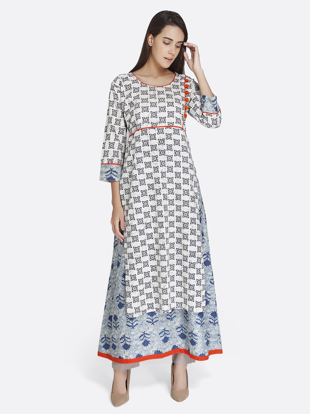 

shiloh Women Blue & White Printed Straight Kurta