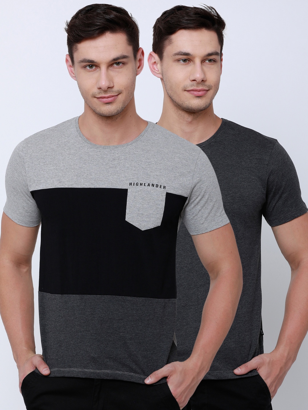 

HIGHLANDER Men Pack of 2 Slim Fit Round Neck T-shirt, Grey