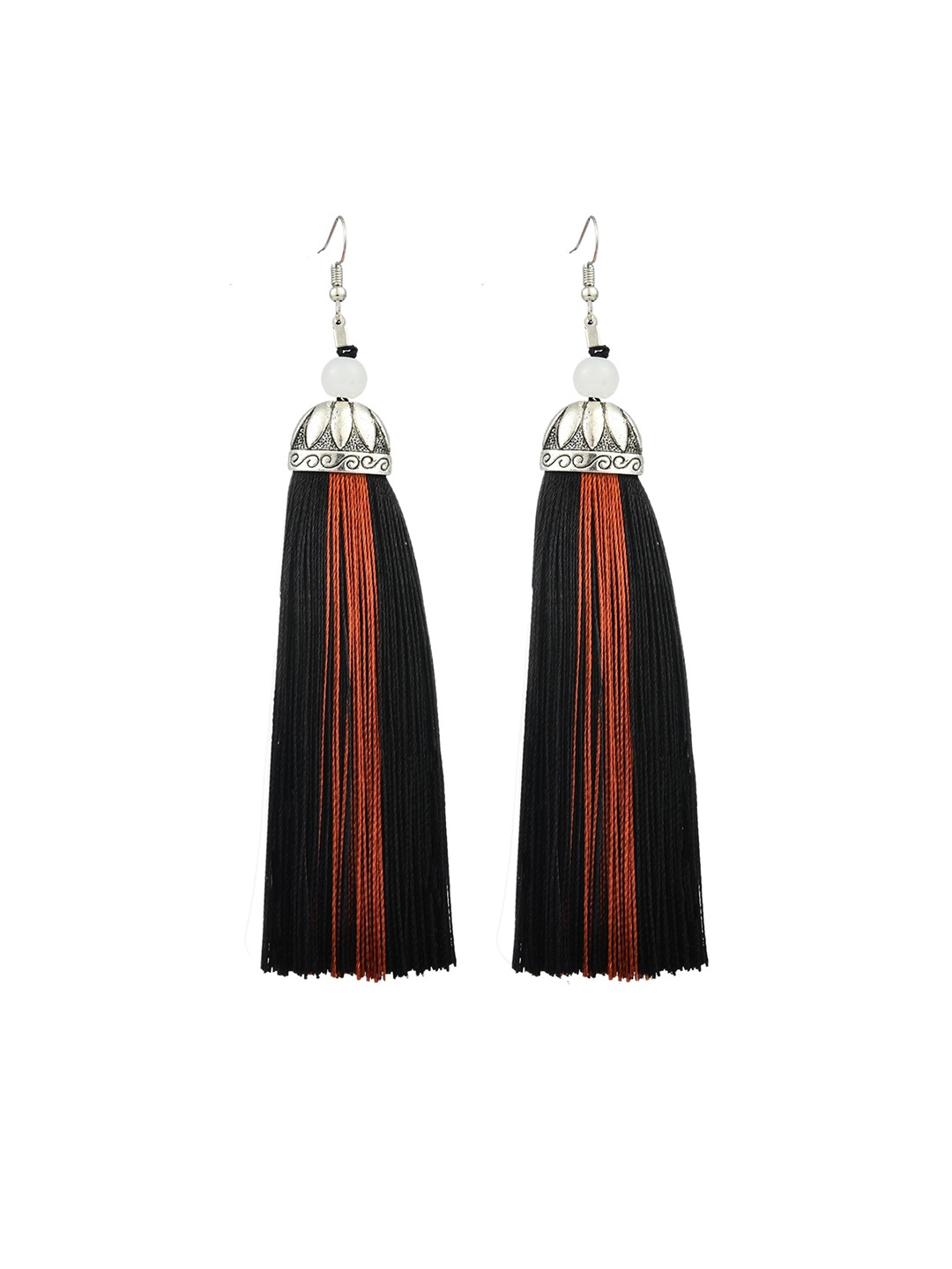 

Crunchy Fashion Silver-Toned & Black Contemporary Tasselled Earrings
