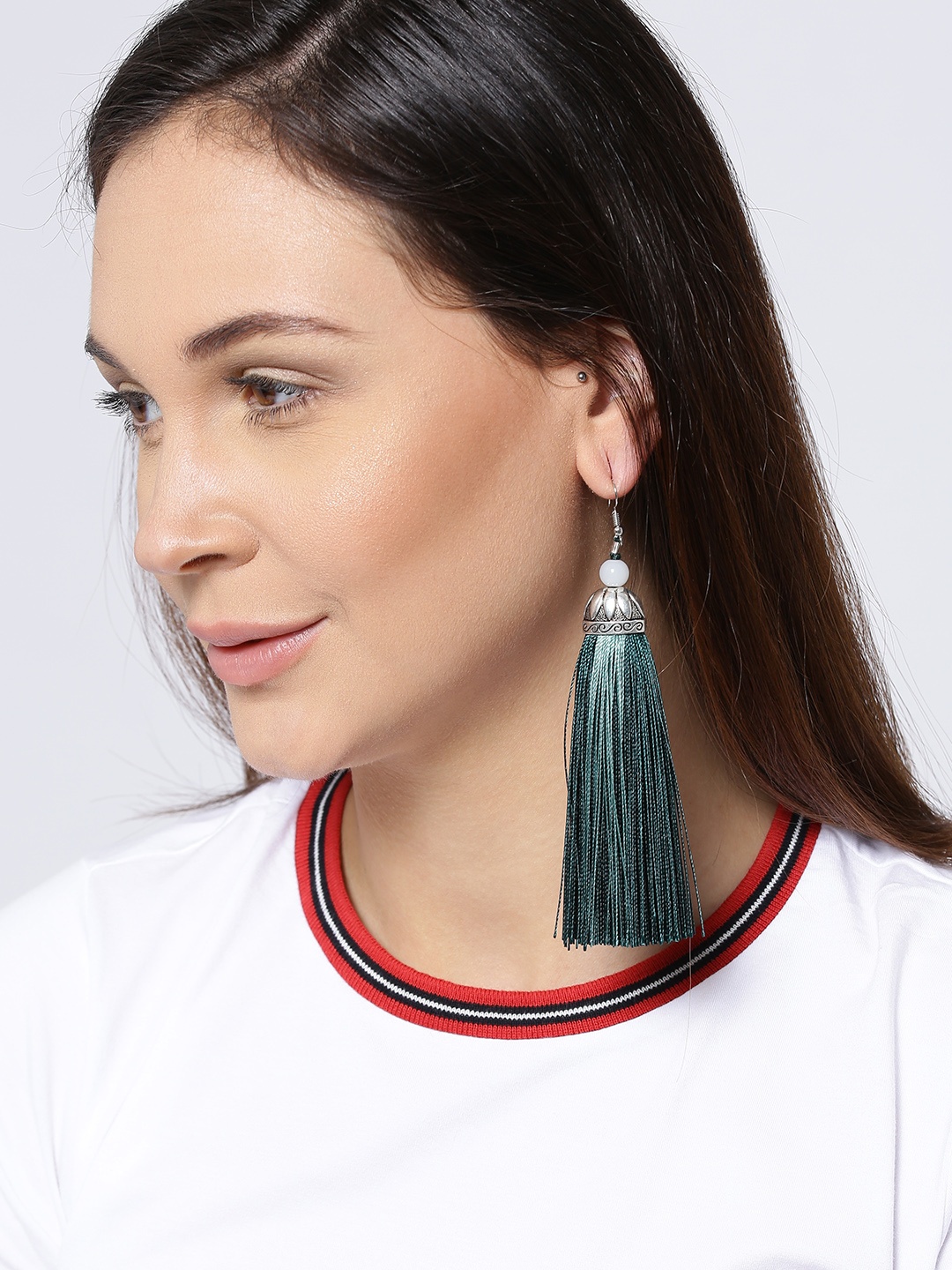 

Crunchy Fashion Silver-Toned & Sea Green Contemporary Drop Earrings
