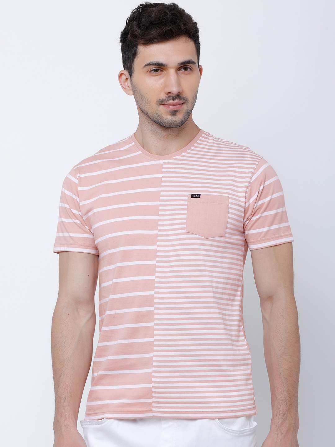 

LOCOMOTIVE Men Peach-Coloured Striped Round Neck Slim Fit T-shirt