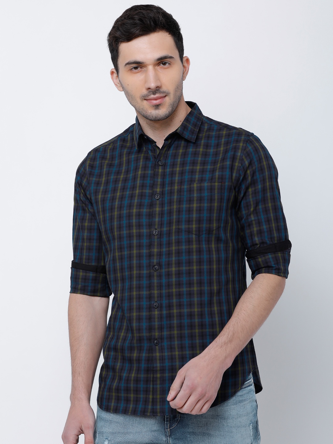 

LOCOMOTIVE Men Navy Blue & Green Slim Fit Checked Casual Shirt