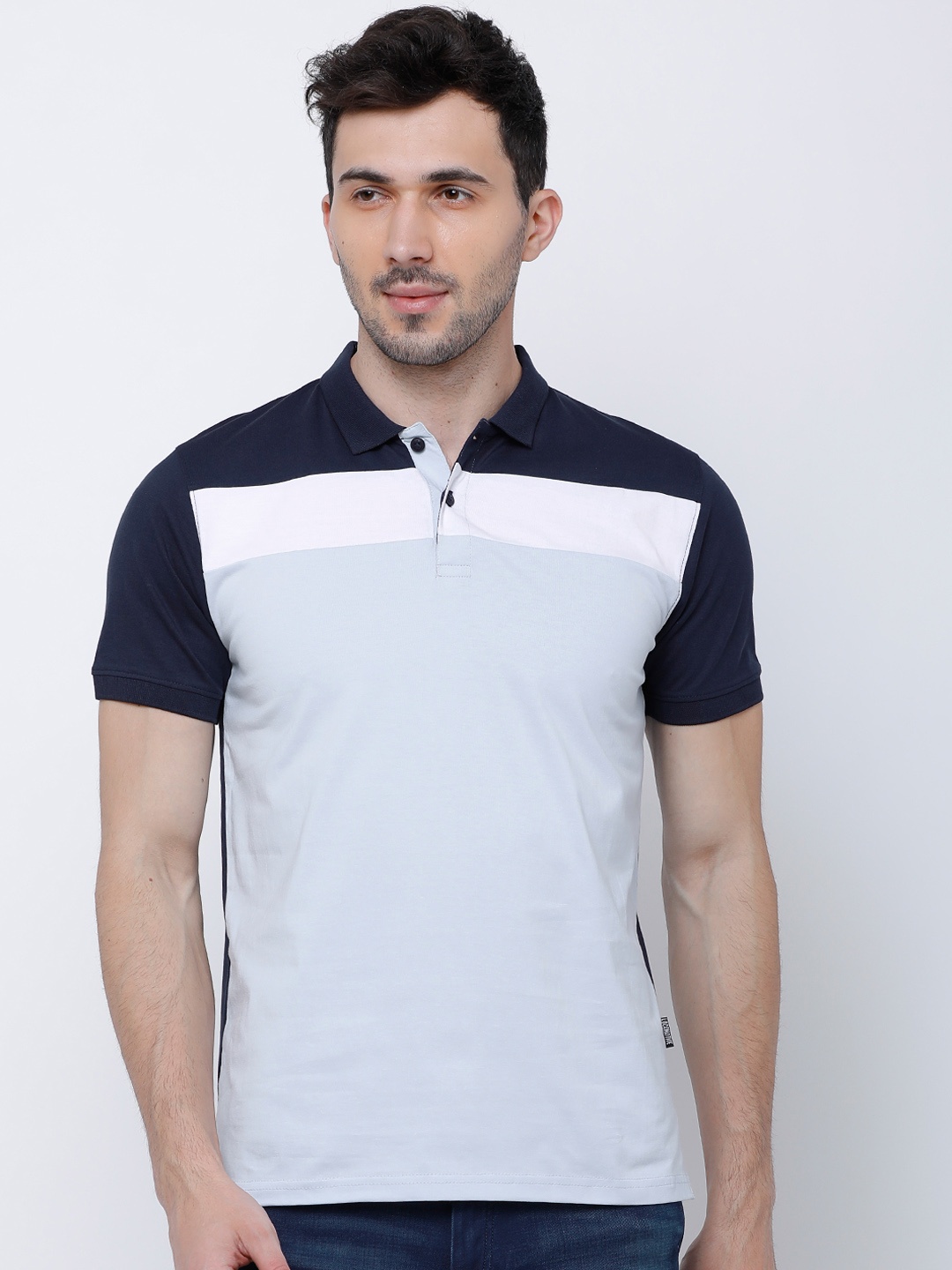

LOCOMOTIVE Men Navy Blue Colourblocked Polo Collar T-shirt