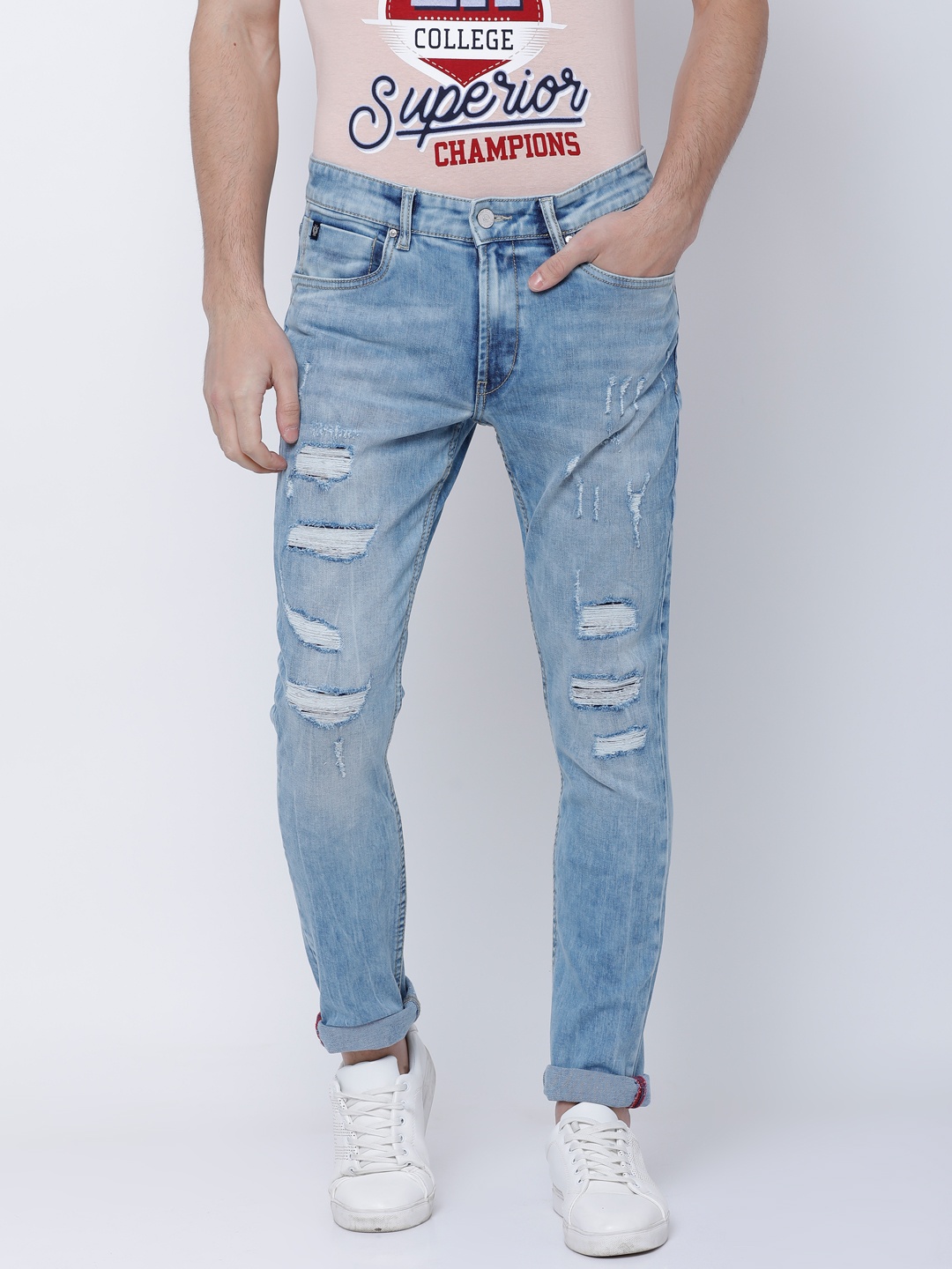 

LOCOMOTIVE Men Blue Slim Fit Mid-Rise Highly Distressed Stretchable Jeans