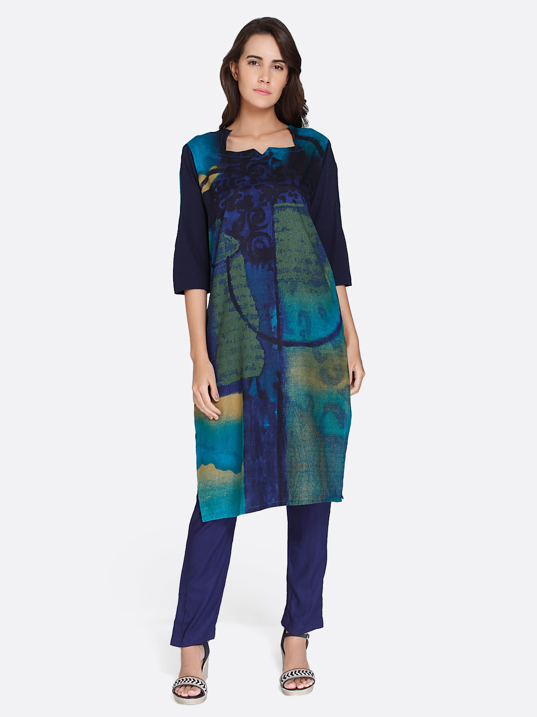 

shiloh Women Navy Blue & Green Printed Straight Kurta