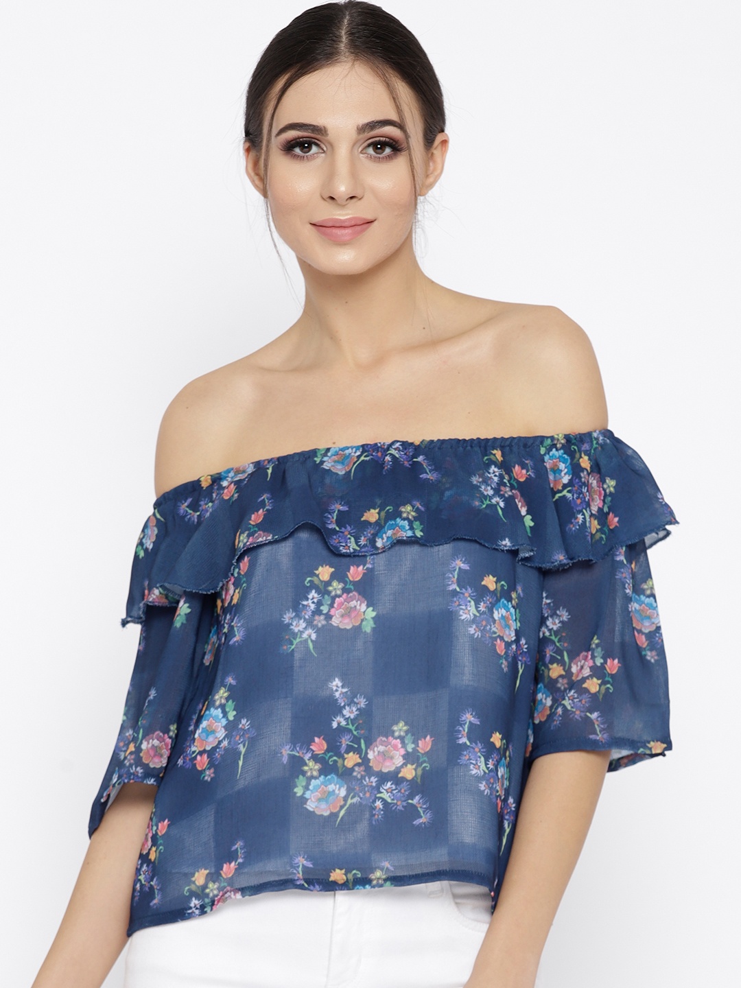 

Lee Cooper Women Navy Blue Printed Bardot Top