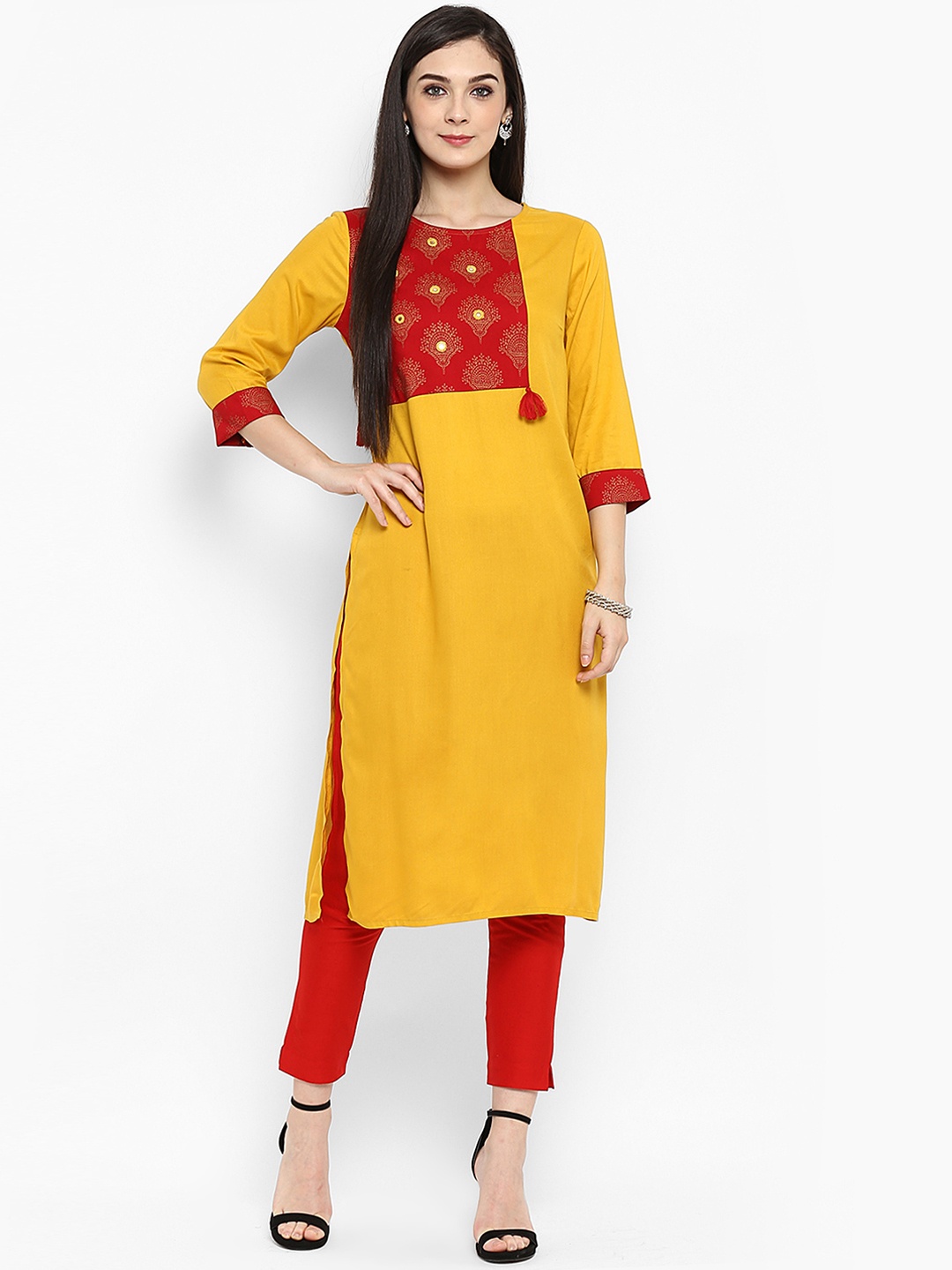 

Juniper Women Mustard & Red Printed Straight Kurta