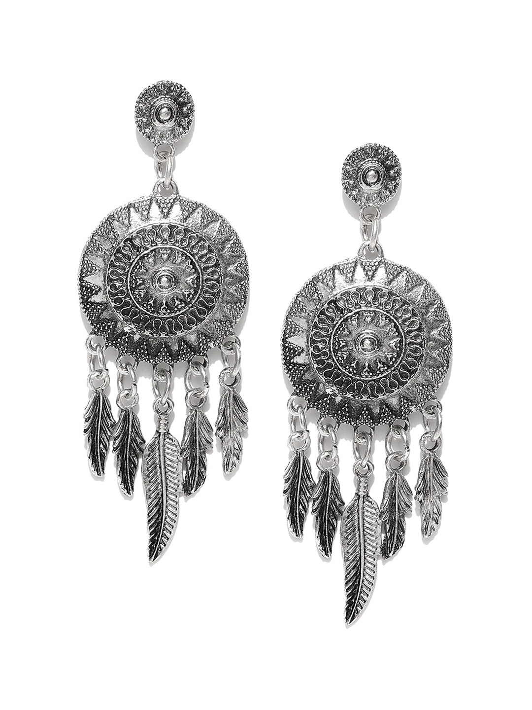 

Crunchy Fashion Oxidised Silver-Toned Circular Drop Earrings