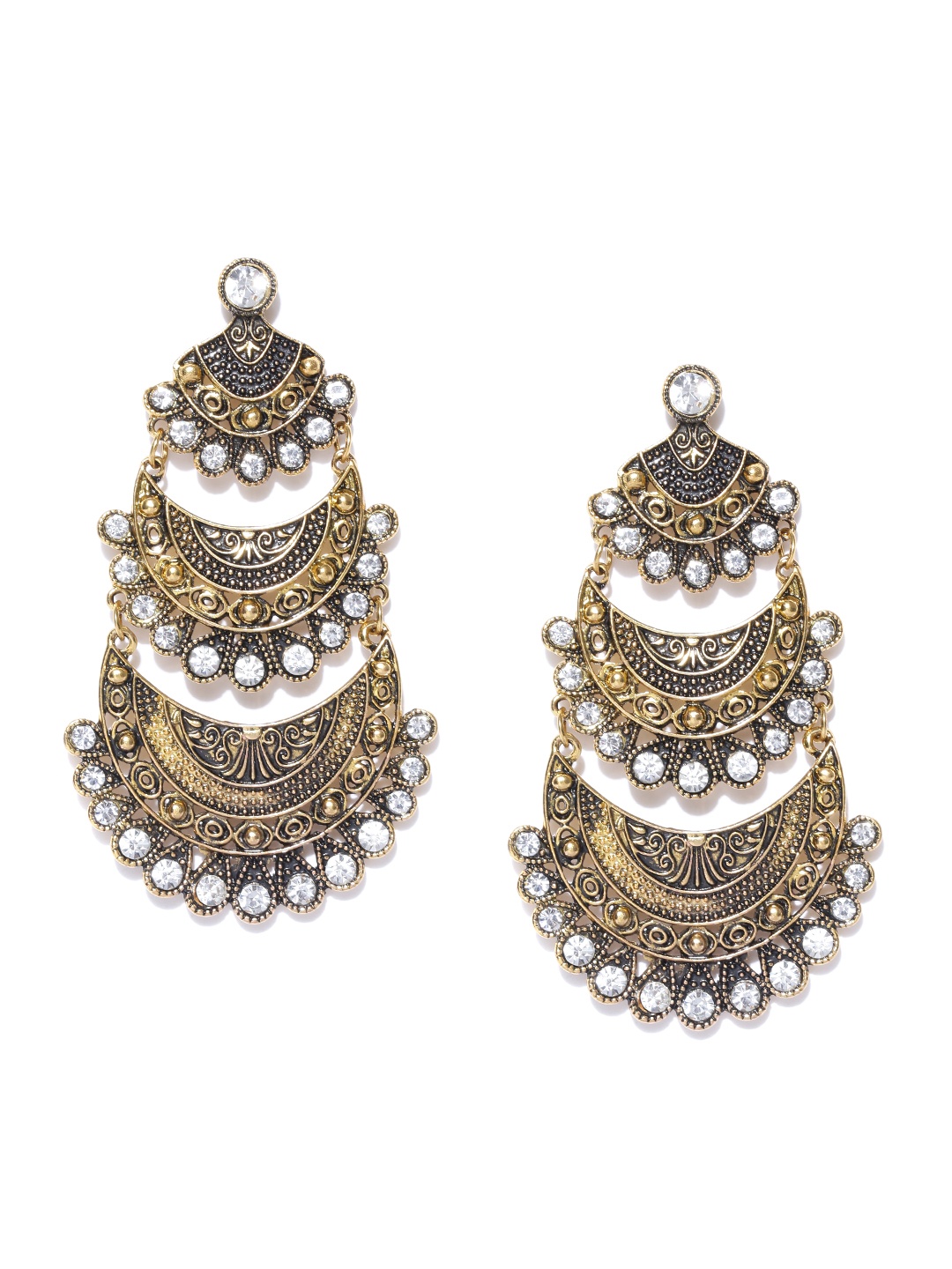 

Crunchy Fashion Antique Gold-Toned Stone-Studded Crescent Shaped Chandbalis