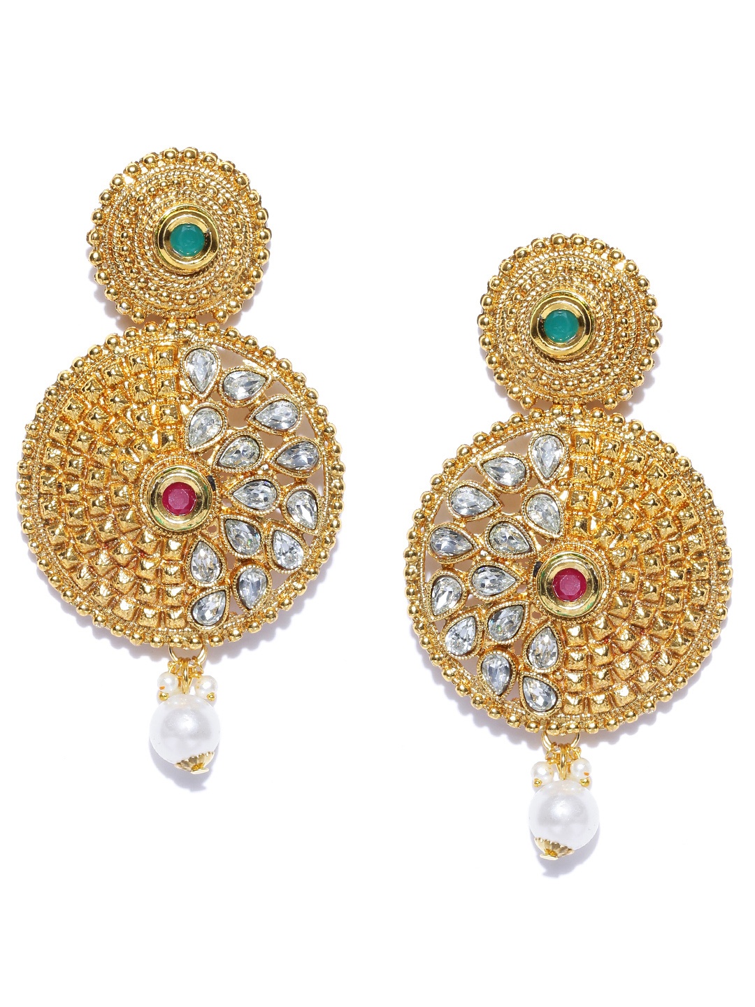 

Crunchy Fashion Gold-Plated Textured Stone-Studded Circular Drop Earrings