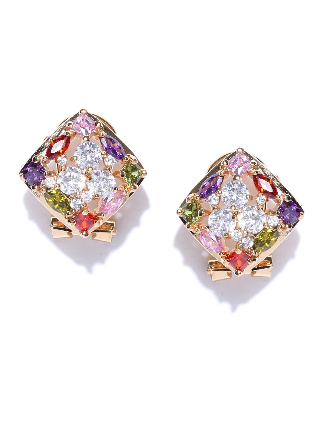 

Crunchy Fashion Red & Purple Gold-Plated CZ-Studded Diamond Shaped Studs