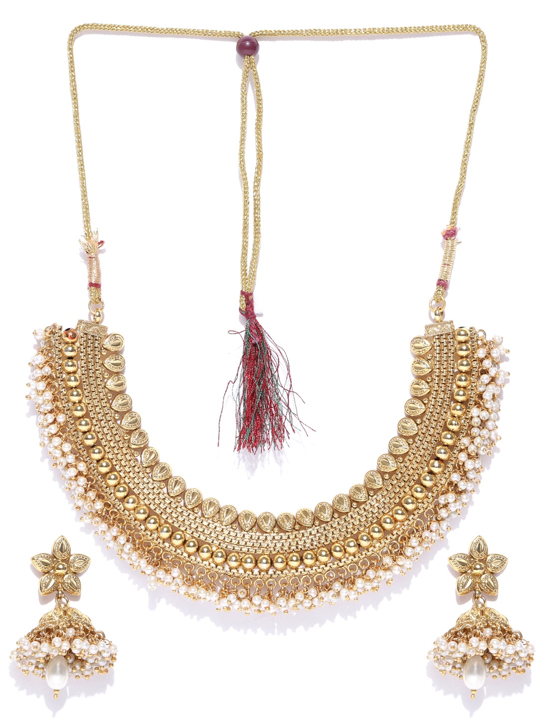 

Crunchy Fashion Gold-Toned & Off-White Beaded Jewellery Set