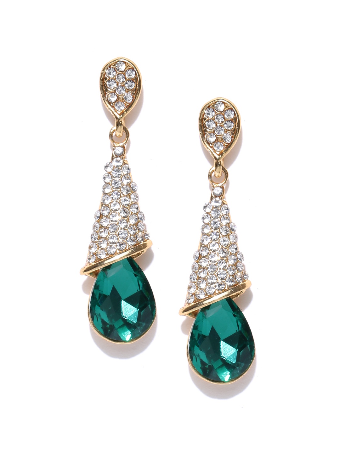 

Crunchy Fashion Green Gold-Plated Teardrop Shaped Drop Earrings