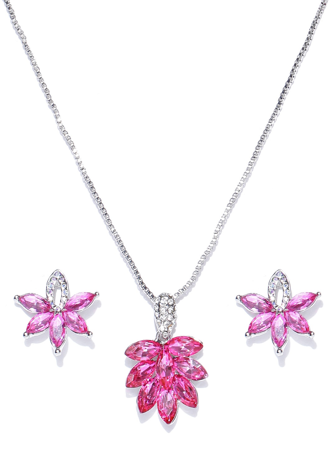 

Crunchy Fashion Silver-Toned & Pink Stone-Studded Floral-Shaped Jewellery Set