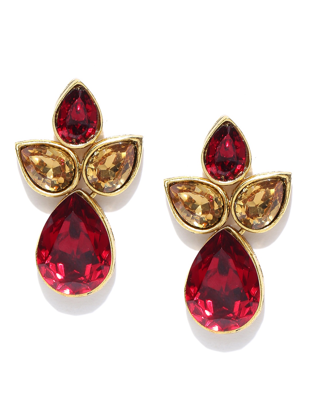 

Crunchy Fashion Gold-Toned & Red Teardrop Shaped Drop Earrings