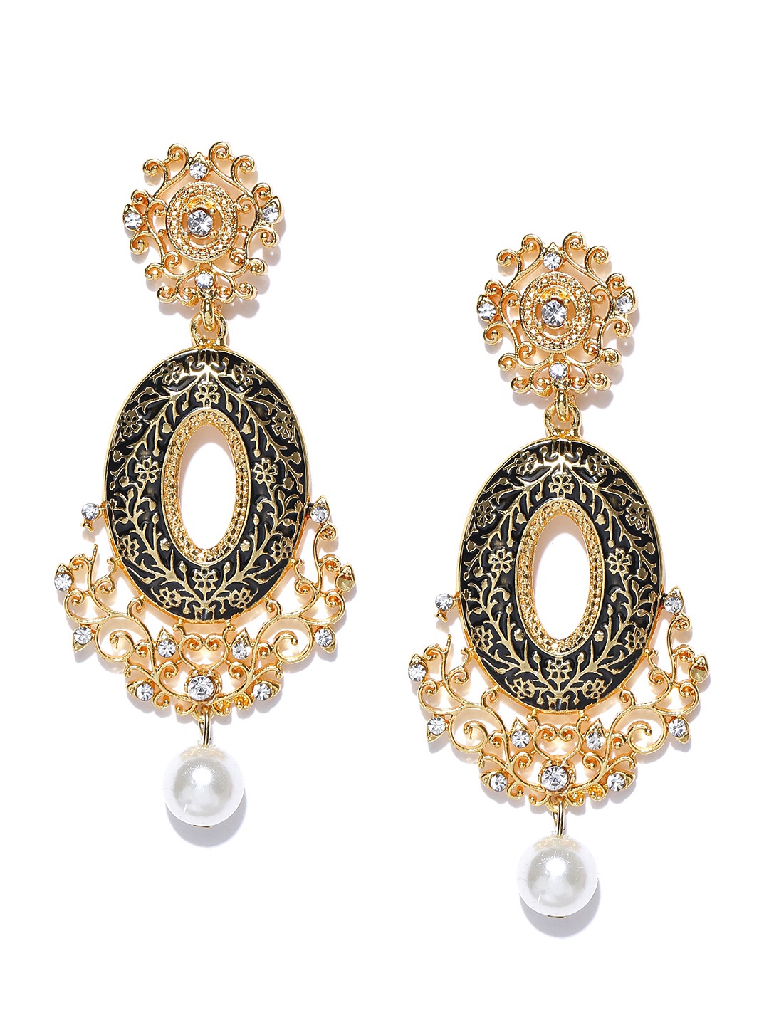 

Crunchy Fashion Black Gold-Plated Meenakari-Work Stone-Studded Oval Drop Earrings