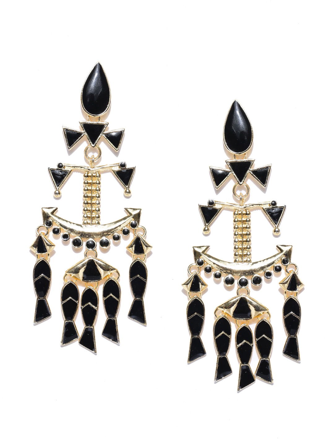 

Crunchy Fashion Black & Gold-Toned Enamelled Contemporary Drop Earrings