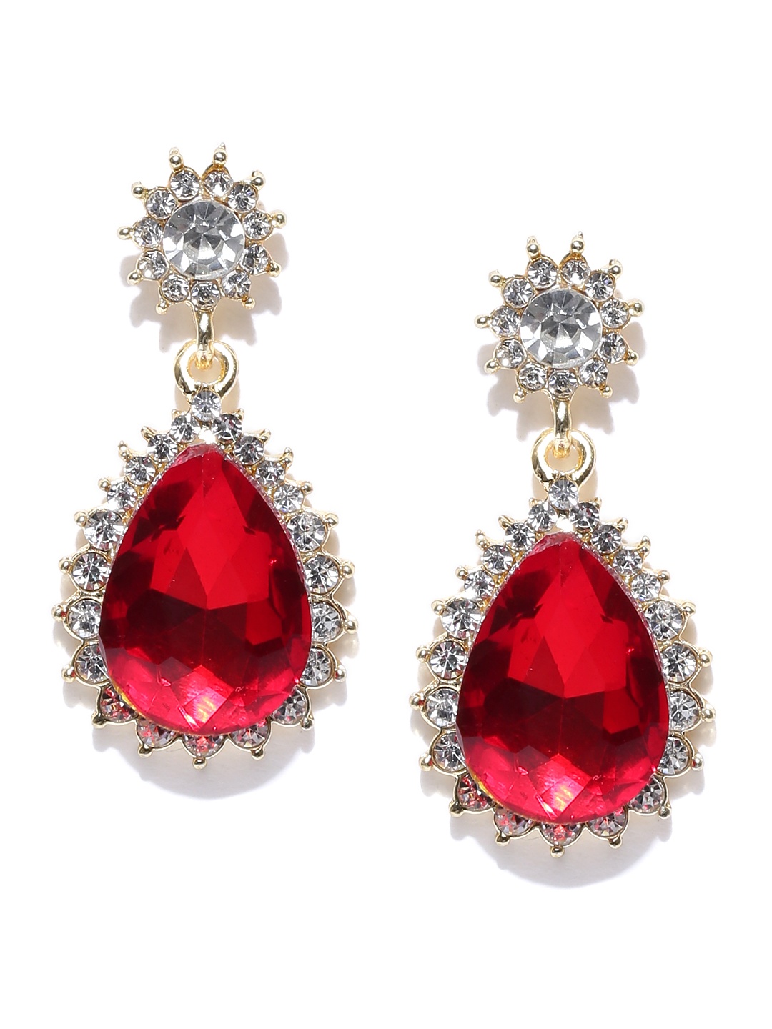 

Crunchy Fashion Red Gold-Plated Stone-Studded Teardrop Shaped Drop Earrings