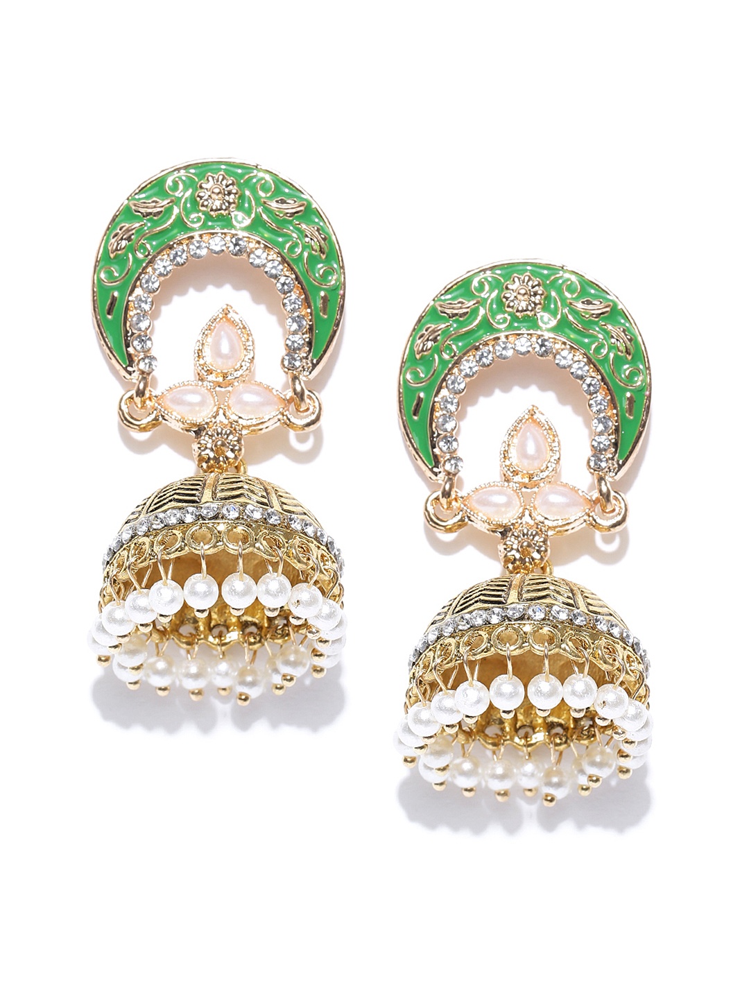 

Crunchy Fashion Gold-Toned & Green Stone-Studded Meenakari-Work Dome Shaped Jhumkas