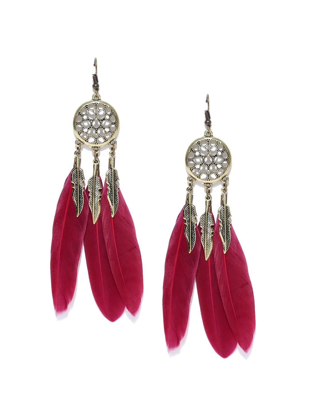 

Crunchy Fashion Red & Gold-Toned Feather Shaped Drop Earrings