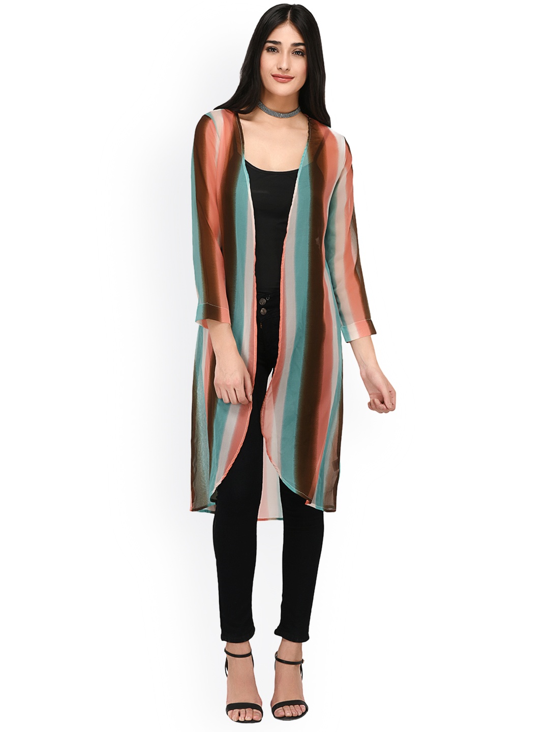 

PURYS Women Multicoloured Striped Open Front Shrug, Multi