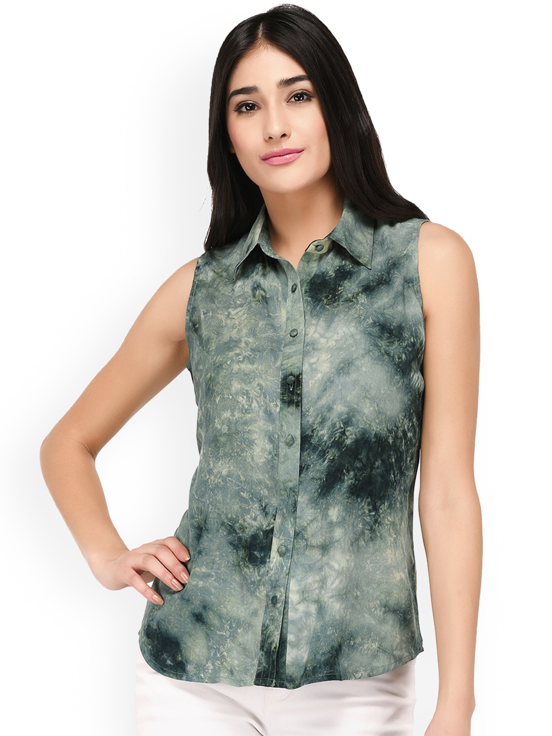 

PURYS Women Green Regular Fit Tie and Dye Casual Shirt