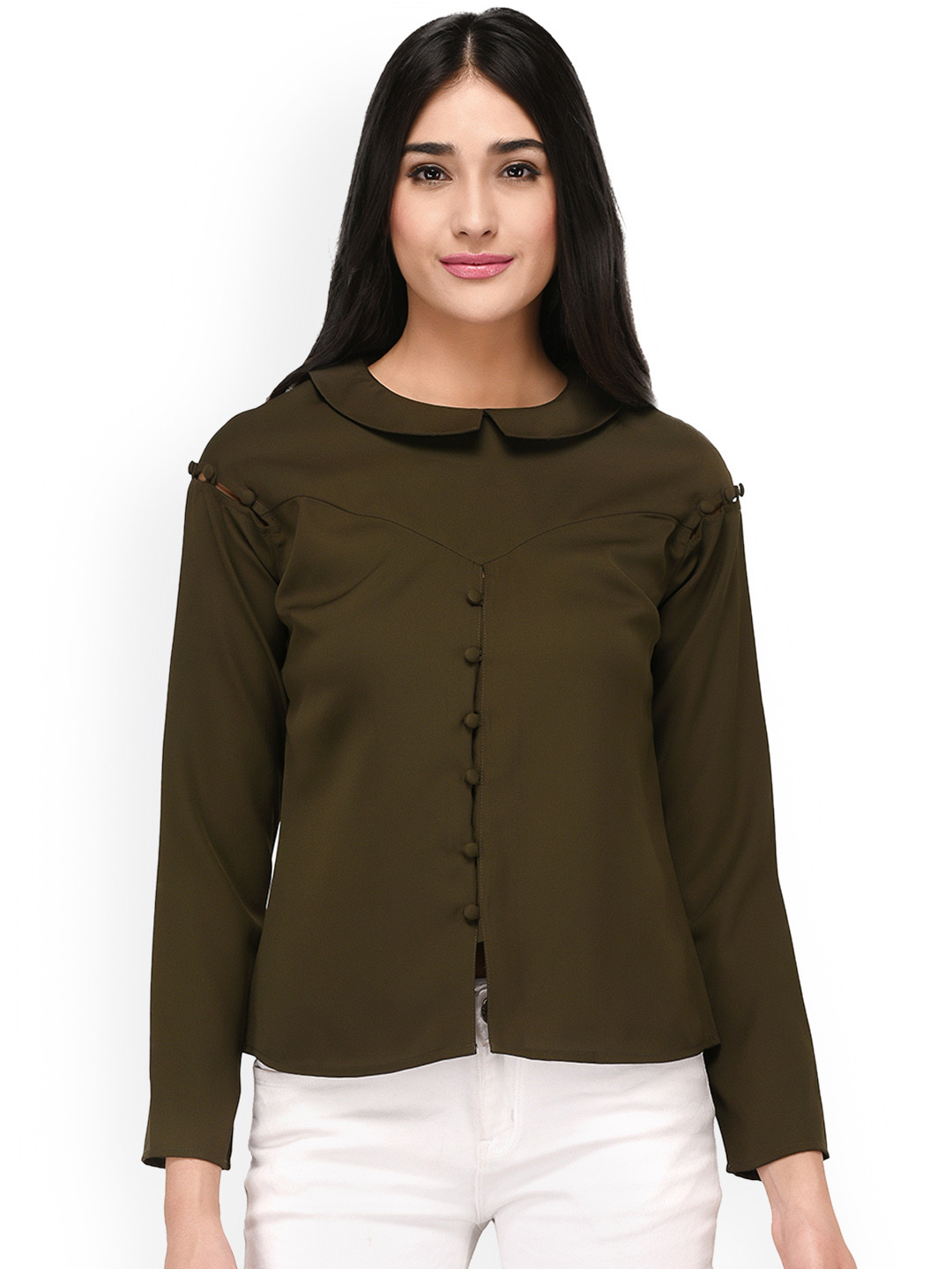 

PURYS Women Olive Green Regular Fit Solid Casual Shirt