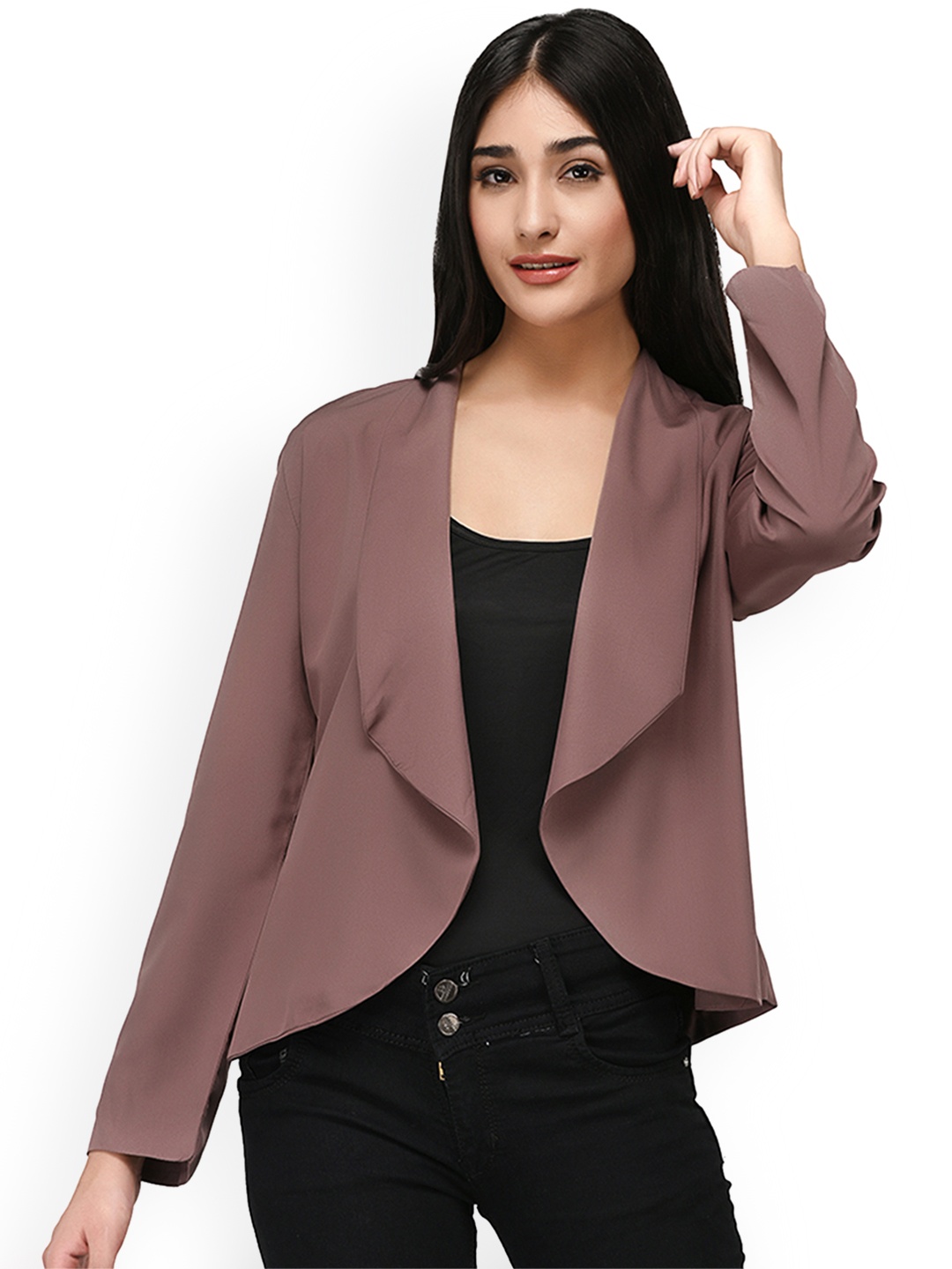 

PURYS Women Taupe Solid Open Front Shrug