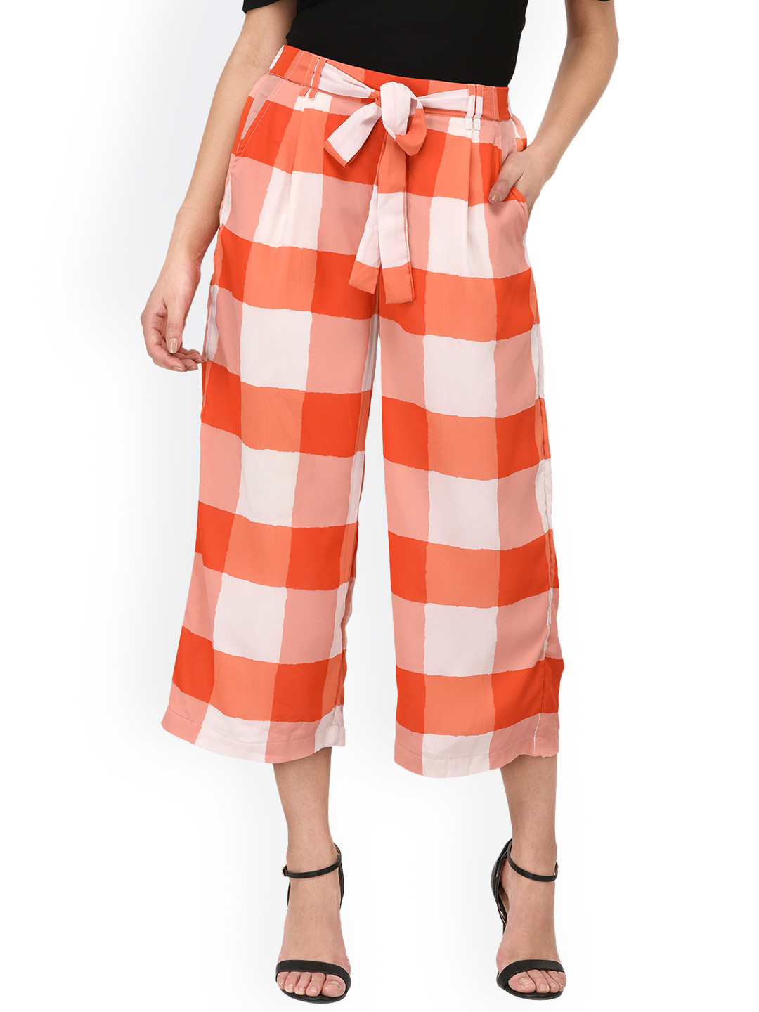

PURYS Women White & Orange Loose Fit Checked Culottes