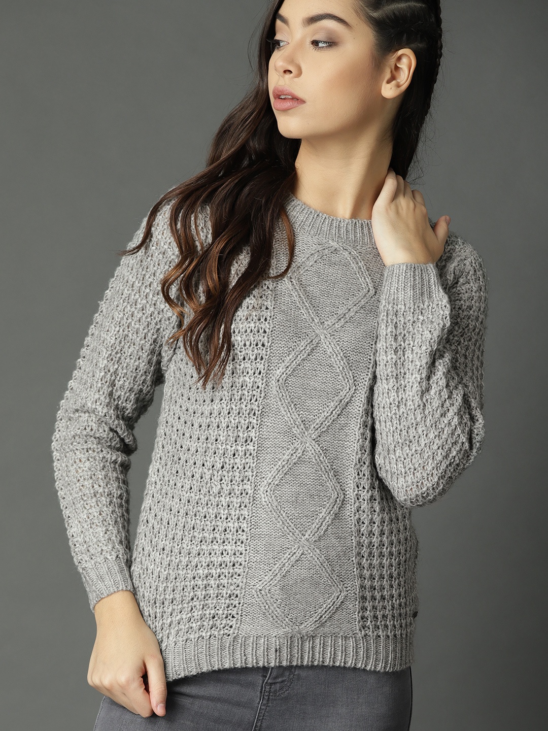 

Roadster Fast and Furious Women Grey Melange Open Knit Pullover