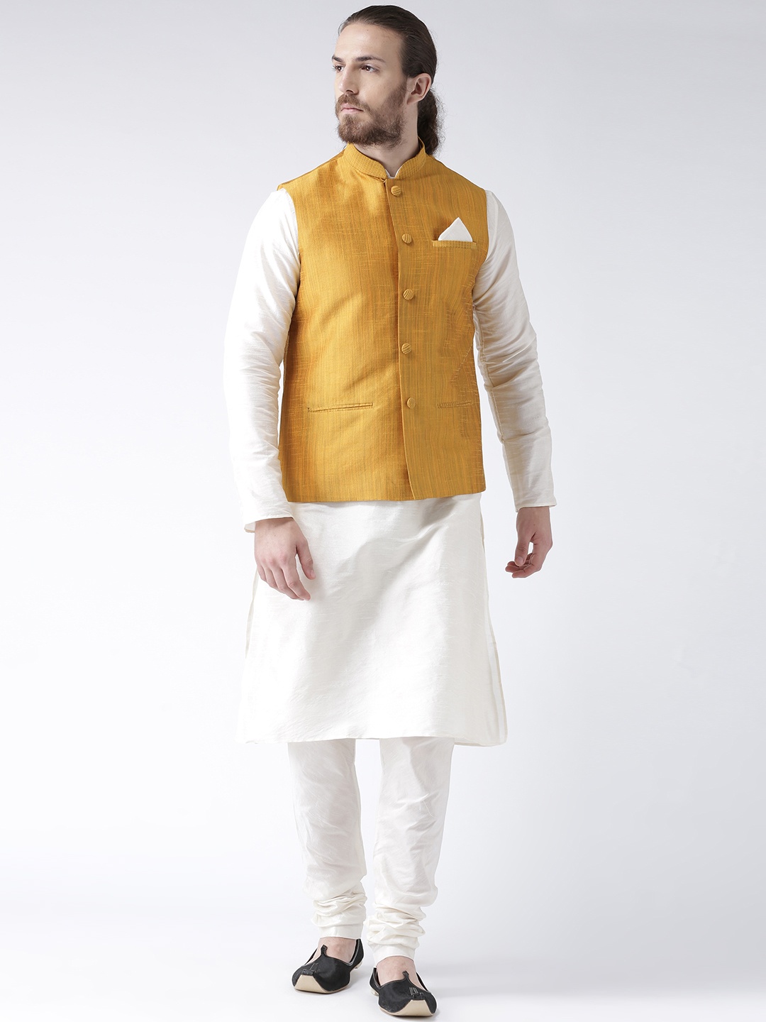 

DEYANN Men Yellow & Off-White Solid Kurta with Pyjamas & Nehru Jacket