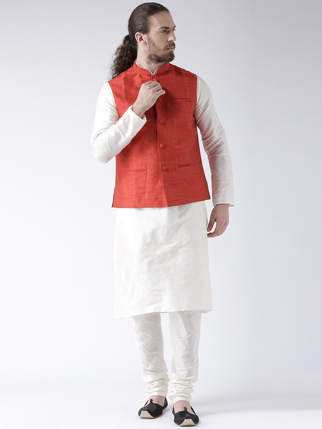 

DEYANN Men Rust Red & Off-White Solid Kurta with Pyjamas & Nehru Jacket