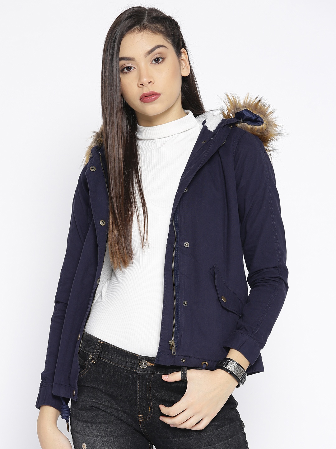 

Roadster Women Navy Blue Solid Hooded Parka Jacket
