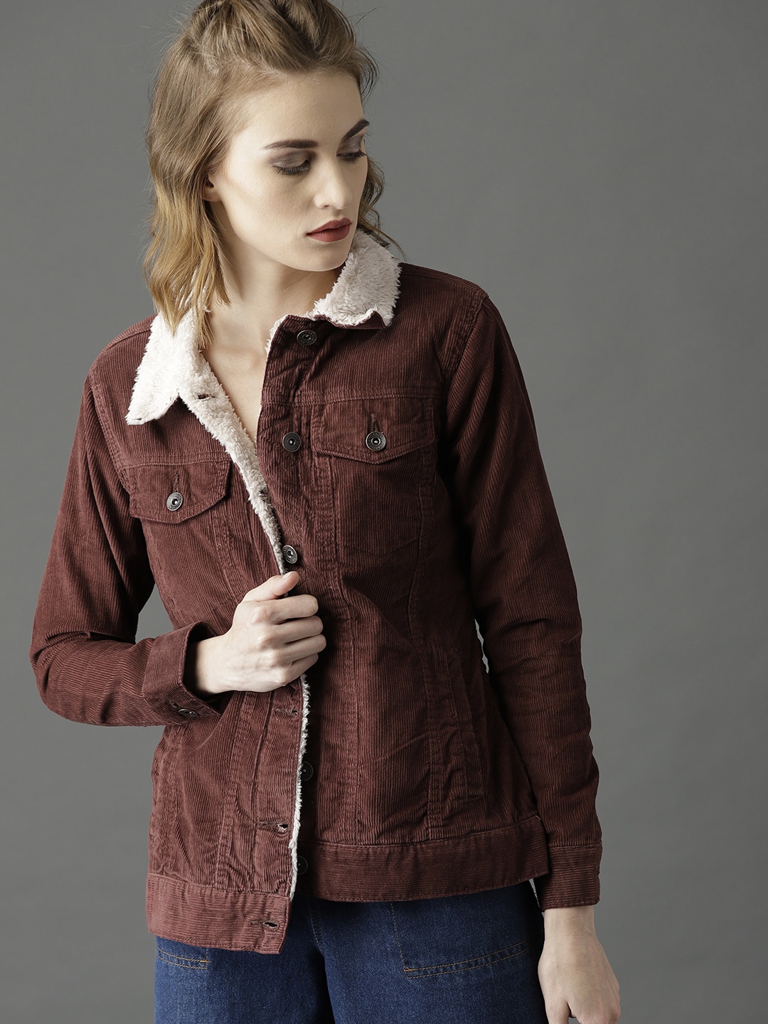 

Roadster Women Brown Solid Corduroy Tailored Jacket