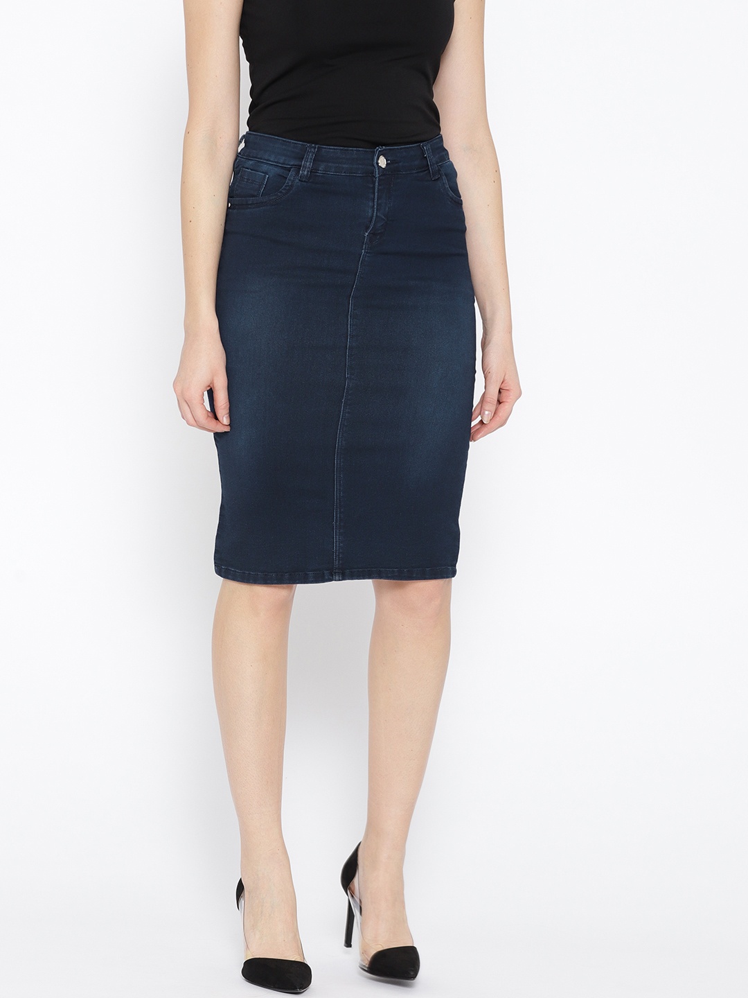 

Purple Feather Navy Washed Denim Pencil Skirt, Navy blue