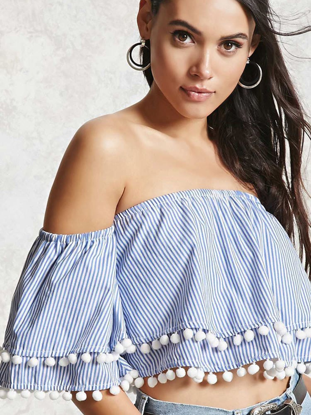 

FOREVER 21 Women Blue & White Striped Bardot Crop Pure Cotton Top