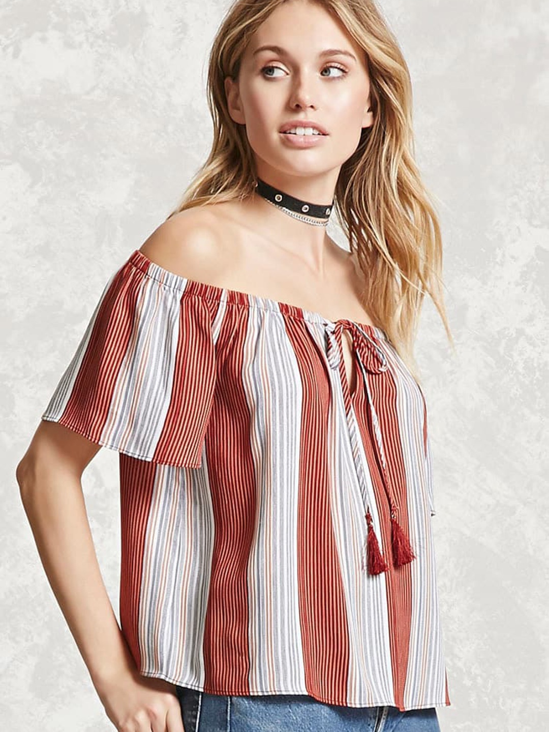 

FOREVER 21 Women Maroon & White Striped Bardot Top